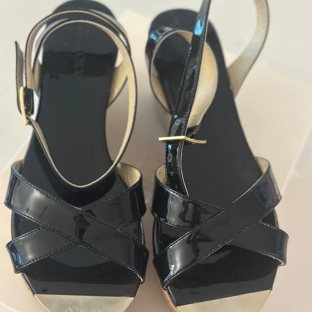 Jimmy Choo Black Patent Leather Cork Wedge Sandals with Gold Accents